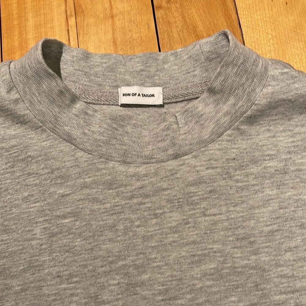 Son of a Tailor heather gray custom made high neck  T shirt. 100% Pima cotton. M